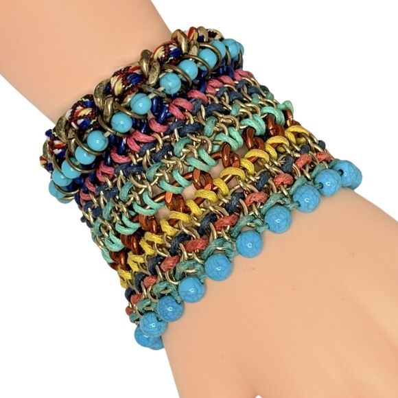 VTG Multicolor Macrame Bohemian Bracelet 7.5" Gold Tone Chain Beaded Hippie Boho - Picture 1 of 11